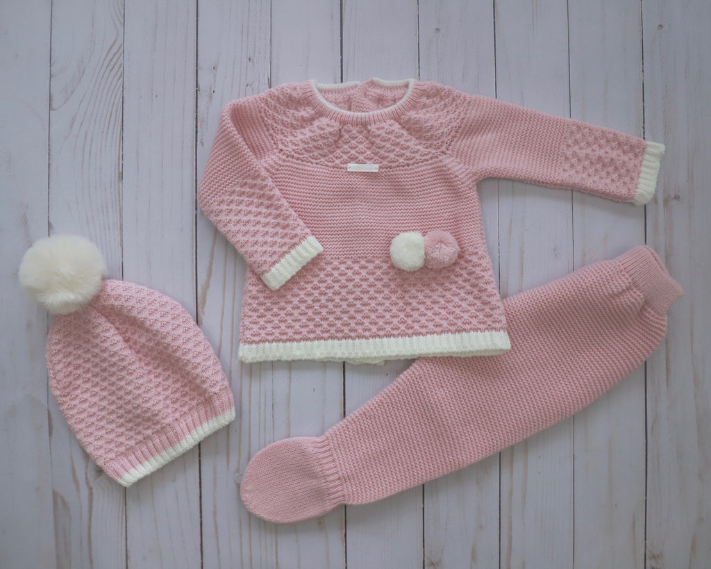 Knitted set - 3 pieces. Two pompons on front and snow hat. 100% Dralon