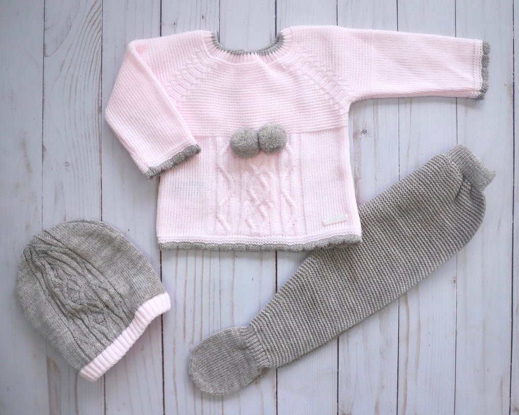 Knitted set - 3 pieces. Two pompons and hat. 100% Dralon