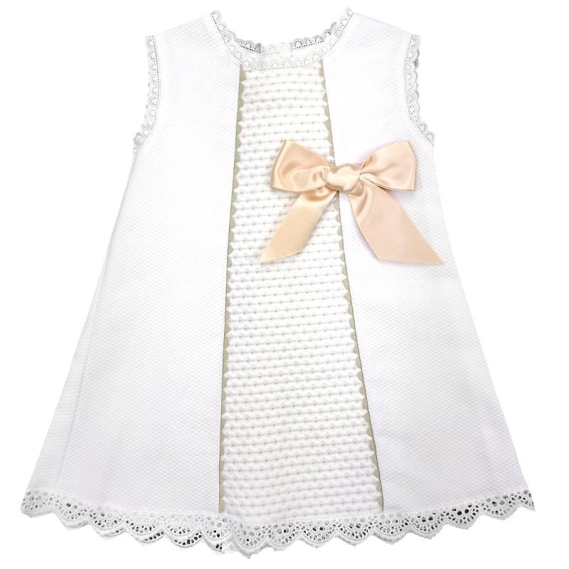 Baby dress with lace and bow -Camel
