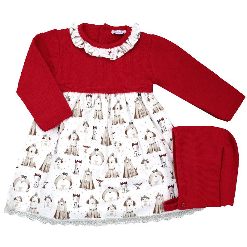 Combined knitted puppies design dress -Cherry
