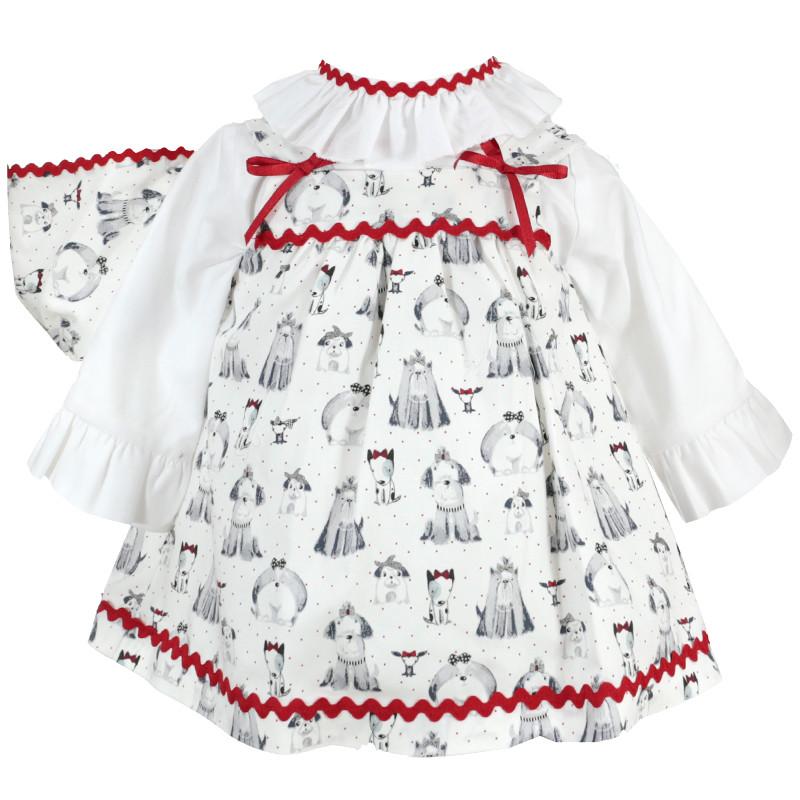 Girls Long Sleeve dress with frilled neckline. Puppies design - Navy blue