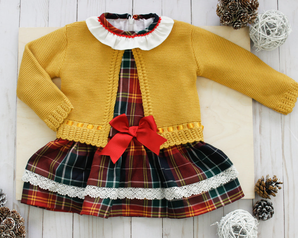 Tartan dress with bow and frilled neck with knitted sweatter