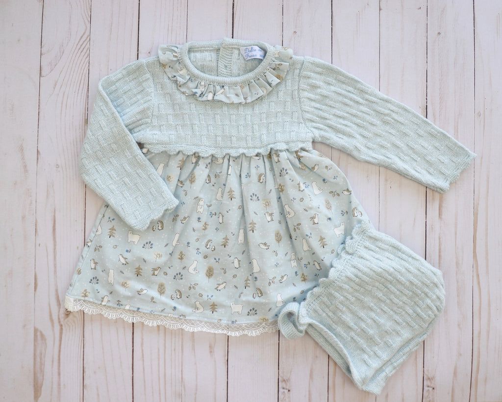 Combined knit woven dress set with winter design