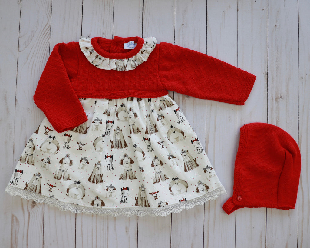 Combined knit woven dress set with puppies design
