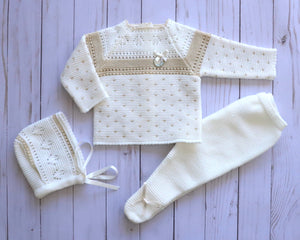 Knitted set - 3 pieces. Beige with dotted design