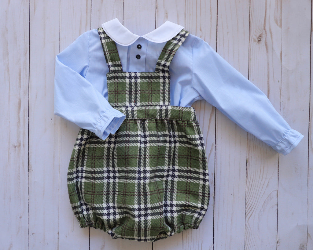 2 pieces green and blue plaid romper  with long sleeve blue shirt. Shirt 60% Cotton 40% Polyester / Romper 48% Polyester 29% acrylic 18% wool