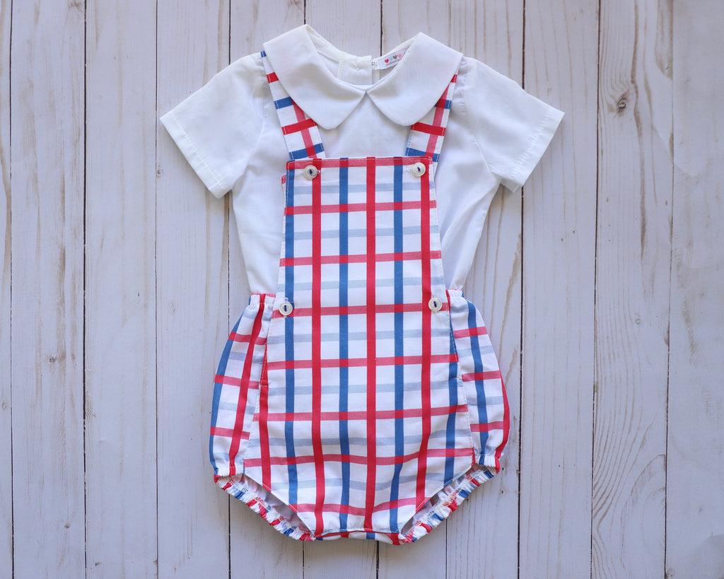 2 pieces red and blue plaid romper with short white sleeve shirt