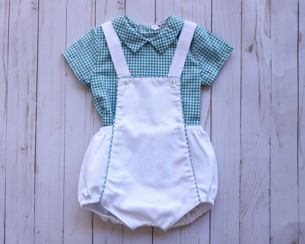 2 pieces white romper with green plaid short sleeve shirt
