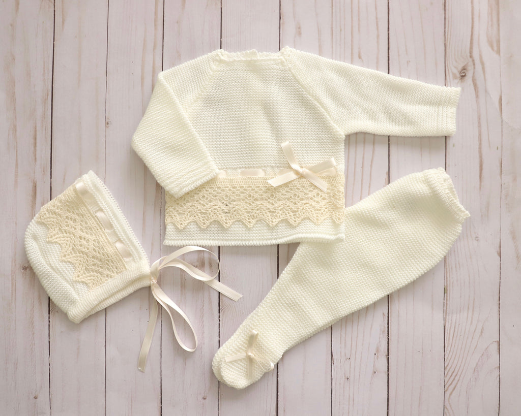 Knitted set - 3 pieces. Beige with white borderline design