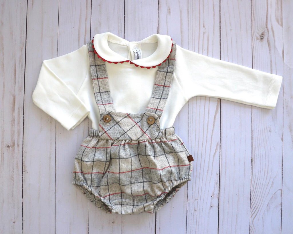 2 pieces beige plaid romper with long sleeve shirt. 100% Cotton